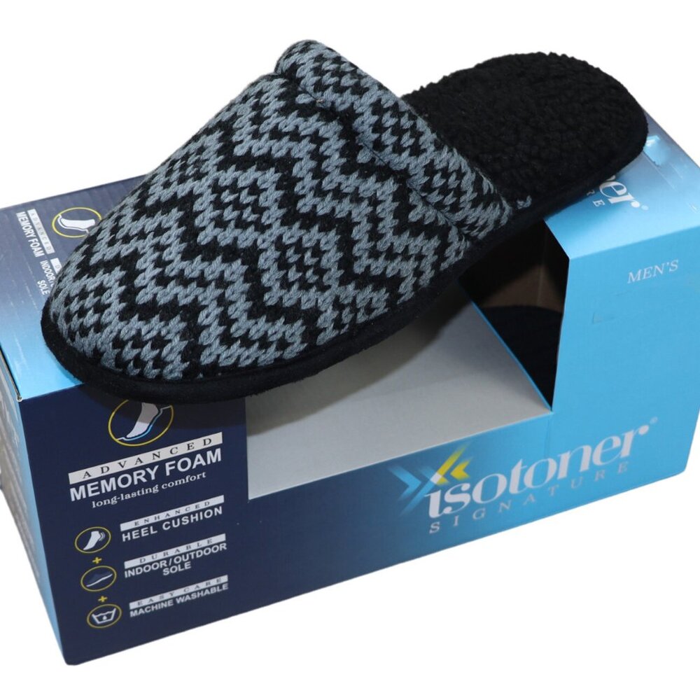 Isotoner Signature Memory Foam Indoor/Outdoor Men's Slippers NIB Black/Grey